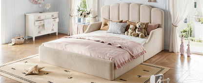 Queen Teddy Fabric Upholstered Floor bed, Stylish Upholstered Kids bed, Low Profile Children Bed Frame, Soft Plush Upholstered Floor bed for Kids &Teens.Beige