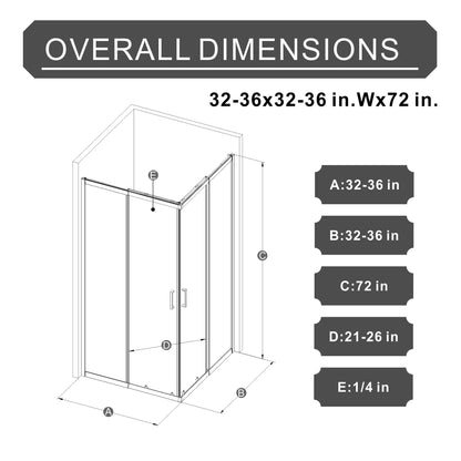36" x 36" x 72" Corner Sliding Shower Door and Black Shower Base Combo Kit, Clear Tempered Glass, Matte Black Frame Dood & Reinforced Acrylic Base Set