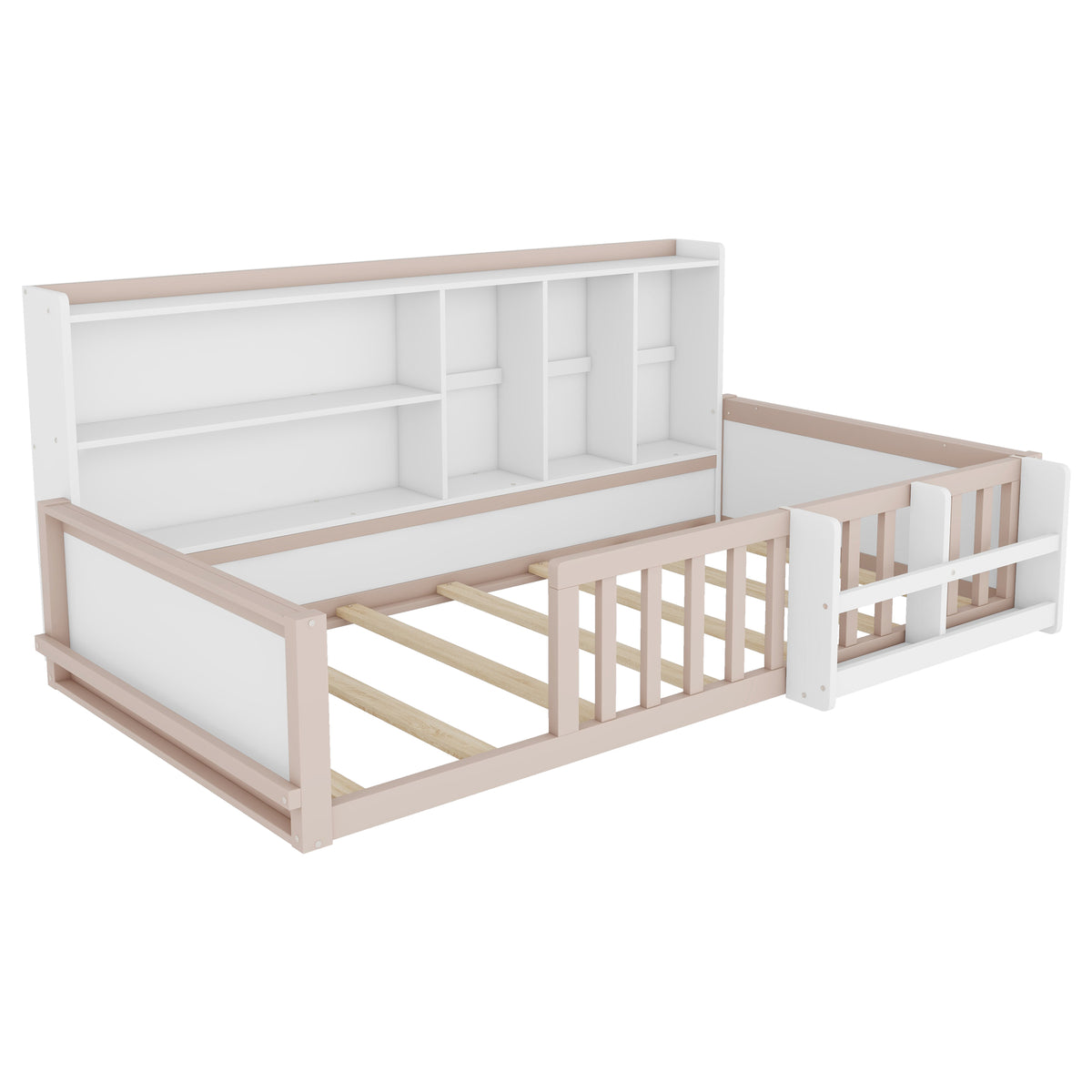 Twin Size Kids Wooden Platform Bed Frame with Guardrail Fence, Side Storage Shelves & Book Shelf, Space Saving Floor Bed,Nude and  White