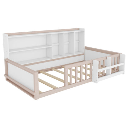 Twin Size Kids Wooden Platform Bed Frame with Guardrail Fence, Side Storage Shelves & Book Shelf, Space Saving Floor Bed,Nude and  White