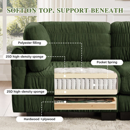 3 Seat Ruched Detailing Chenille Modular Sectional Sofa,High-Density Foam,L Shape Thickened  Back Cushions,Easy Assembly,For Living Room,Bedroom,Green
