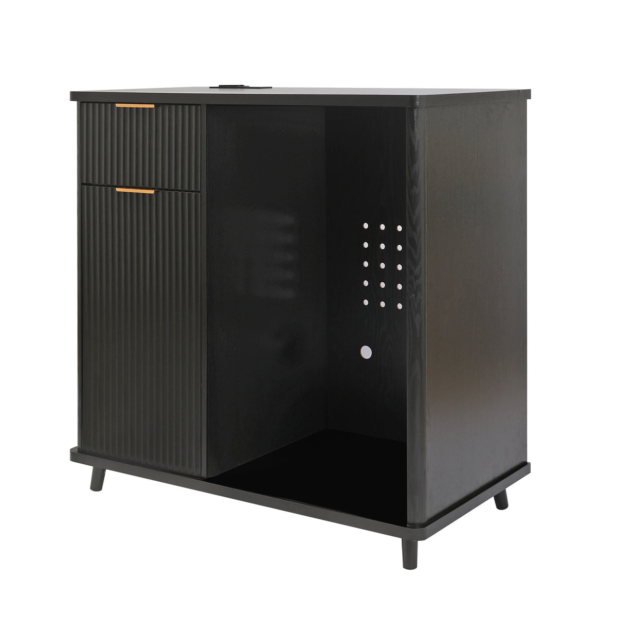 Fluted Coffee Bar Cabinet with Mini Fridge Space & Charging Station, Home Bar Cabinet with Hidden Trash Can Storage & Drawer for Kitchen, Dining Room or Living Room,Black