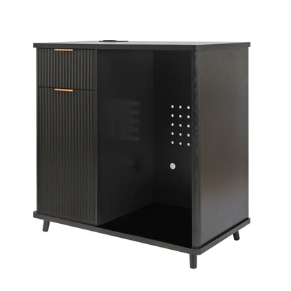 Fluted Coffee Bar Cabinet with Mini Fridge Space & Charging Station, Home Bar Cabinet with Hidden Trash Can Storage & Drawer for Kitchen, Dining Room or Living Room,Black