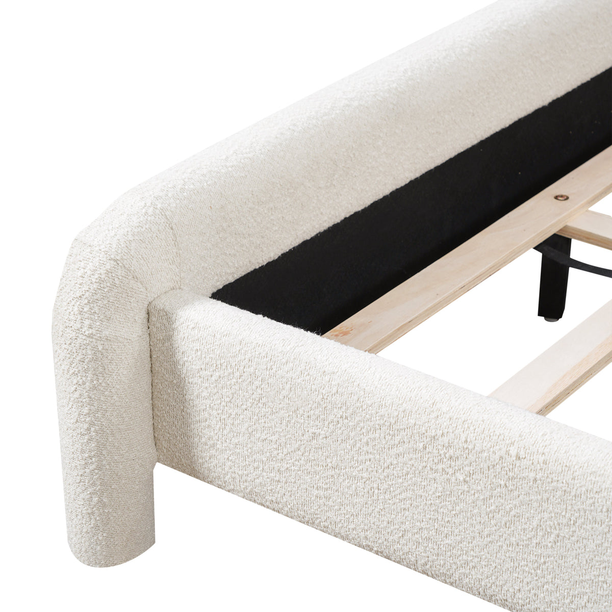 Modern White Boucle Upholstered Queen Platform Bed Frame with Curved Headboard, Wood Slats Support, No Box Spring Needed, Easy Assembly