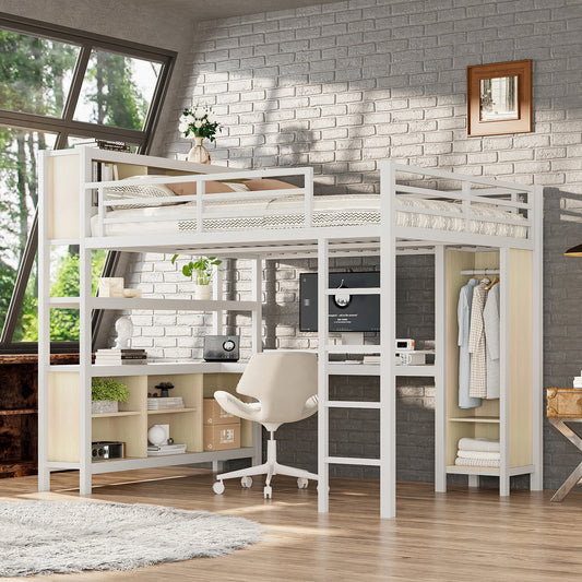 Metal Loft Bed with Wardrobe And L-shaped Desk, Queen Size Loft Bed with Storage Cubes and Shelves, Heavy Duty Loft Bed for Kids Teens Adults, White Wood-grain