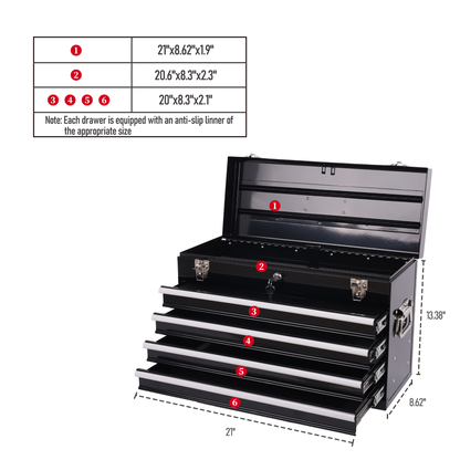 Heavy Duty Metal Tool Box, 21-inch, Portable Metal Tool Box with 4 Drawers, Small Tool Chest with EVA Liners – Model W2660P310479