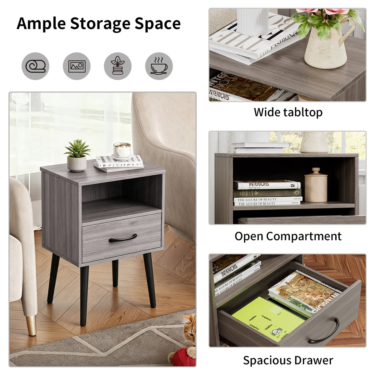 Two sets of Nightstand, modern style bedside table, With storage drawers and open wooden shelves