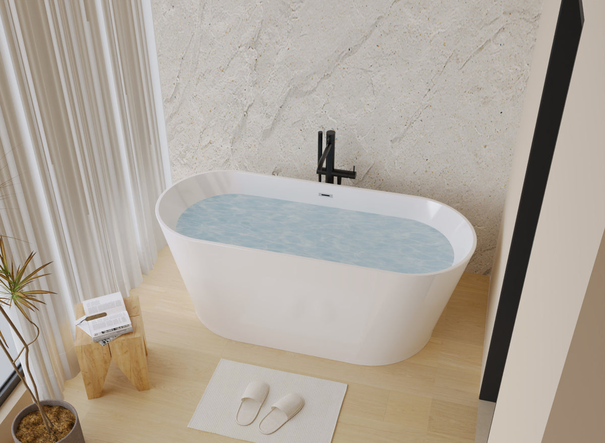 59" Acrylic Freestanding Bathtub, Stand Alone Soaking Tub, Glossy White Acrylic, Toe-tap Chrome Drain, cUPC Certified