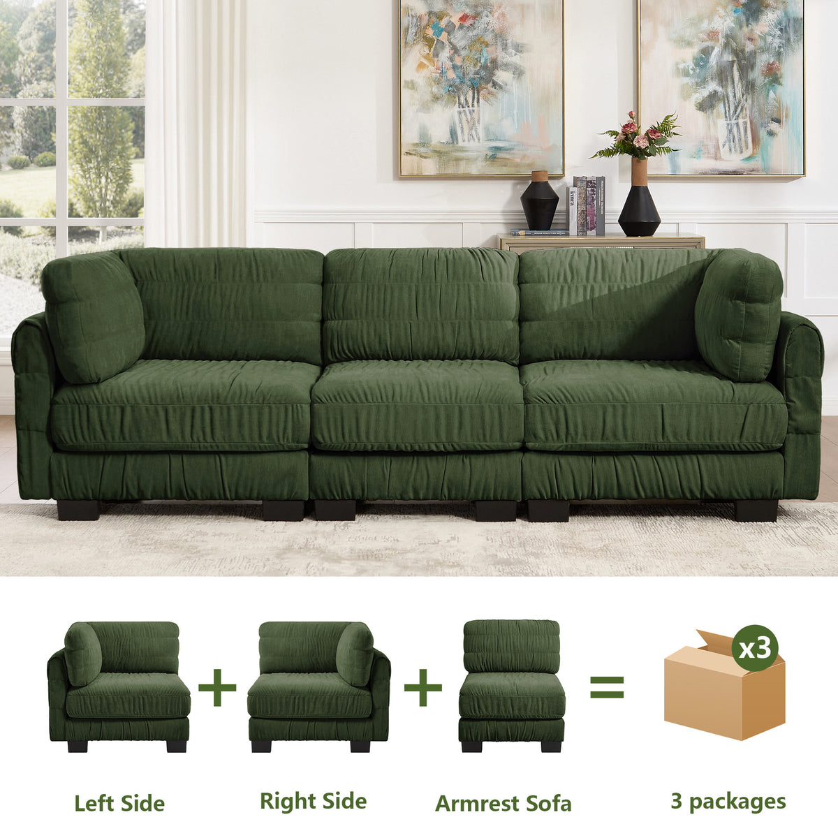 3 Seat Ruched Detailing Chenille Modular Sectional Sofa,High-Density Foam,L Shape Thickened  Back Cushions,Easy Assembly,For Living Room,Bedroom,Green