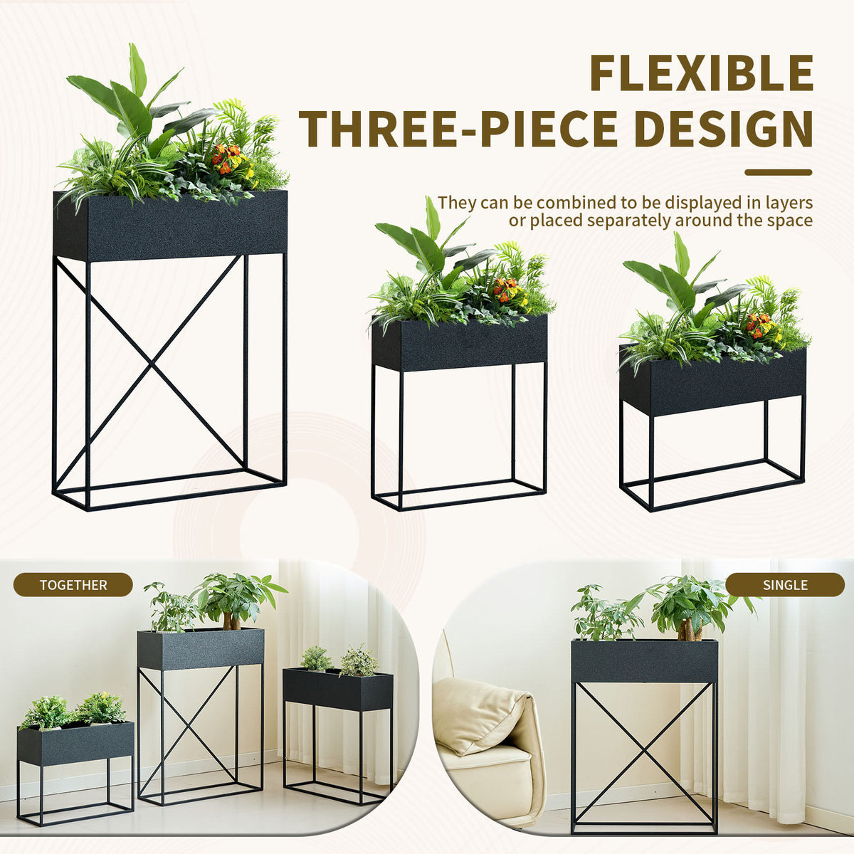 3‑Pack Pre‑Assembled Metal Raised Garden Bed Planter Stand with Non‑Woven Liner, UV‑Resistant Coated Elevated Flower Herb Planter Box, Modern Rectangular Plant Holder for Patio Balcony Backyard Indoor