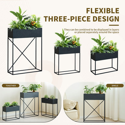 3‑Pack Pre‑Assembled Metal Raised Garden Bed Planter Stand with Non‑Woven Liner, UV‑Resistant Coated Elevated Flower Herb Planter Box, Modern Rectangular Plant Holder for Patio Balcony Backyard Indoor