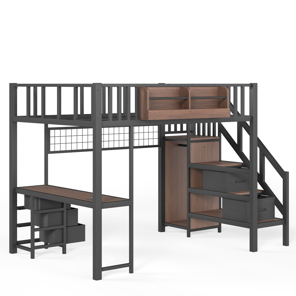 Full Size Loft bed with desk, Heavy Duty save space Loft Bed with Drawers & Storage Stair, All-in-One Metal Frame Multi-Functional Loft Bed for Teens Adults, Black