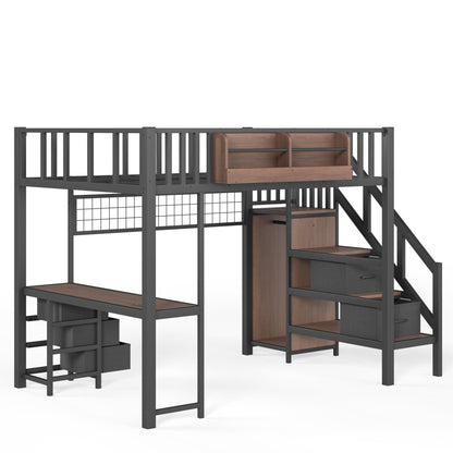 Full Size Loft bed with desk, Heavy Duty save space Loft Bed with Drawers & Storage Stair, All-in-One Metal Frame Multi-Functional Loft Bed for Teens Adults, Black