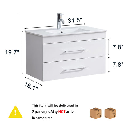 32-Inch White Gloss Wall-Mounted Bathroom Vanity with Double Drawers, Soft-Close System,Ceramic Sink, Create a Modern and Minimalist Bathroom Space!