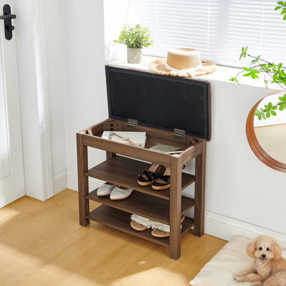 A height-adjustable shoe-changing bench made of high-quality wood, equipped with a comfortable seat and concealed storage space,Natural rubber wood,Brown