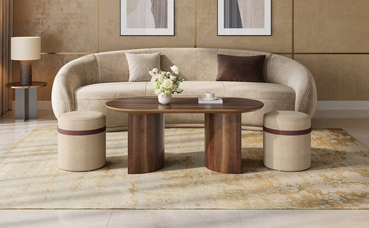 U-Can Space Saving Oval Wooden Coffee Table Set with 2 Matching Poufs