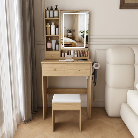 Modern small Vanity Desk ,featuring 3 modes of LED lighting with adjustable brightness, 3 drawers and multiple open storage shelves, a hair dryer holder and power socket, and a dressing chair.
