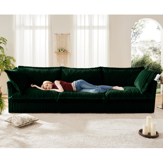 Slipcovered Sofa Couch, Modern 3 Seater Sofa with Suppleness Armrests,Deep Seat Sofa with Soft Multiple Big Pillows, Comfy Couch for Living Room, Apartment,Green Corduroy Fabric