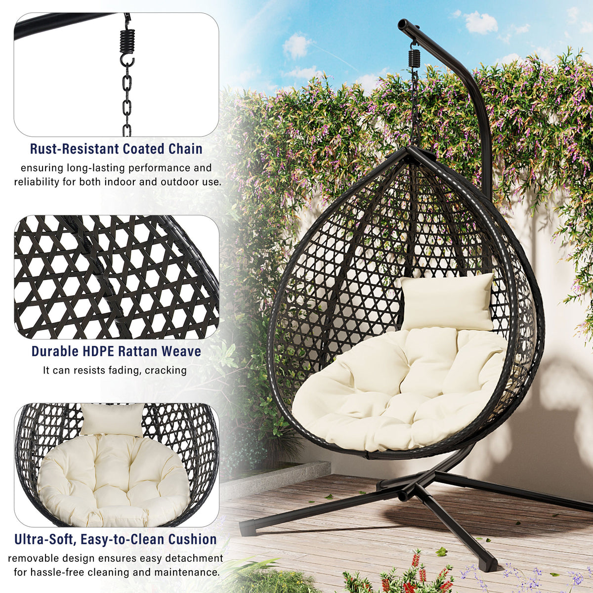 U_STYLE Sturdy Hammock Chair with Stand, Durable Hanging Egg Chair with Rattan Weaving ,Comfortable Indoor Outdoor Swing  chairs with Soft Removable Cushion,Suitable for Balcony, Bedroom,or Garden