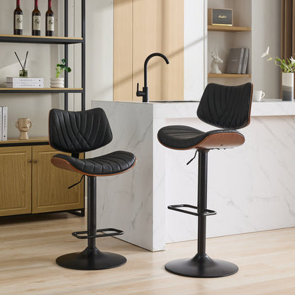 Walnut Bentwood Bar Stools Mid Century Modern Adjustable Counter Height Black Leather Upholstered 360°Swivel Bar Chairs for Kitchen – Model W1143P173514