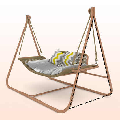 W2707P184379 Freestanding Double Egg Swing Chair with Stand, 570LBS Hammock Loveseat, Anti-Rust Wood Grain Alloy Frame, Plush Cushion, All Weather Wicker Lounge for Indoor Outdoor Patio Balcony Garden