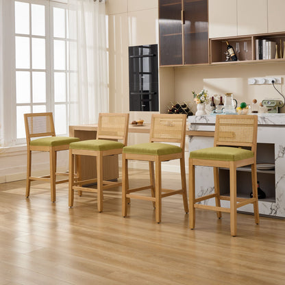 Full Solid Wood Rattan-Back Bar Stool, Matte Linen Cushion with High-Resilience Foam & S-Springs, Ideal for Rustic/Natural Style Kitchen Island, Low Bar in Dining Room & Café,Set of 2,Green,SW1872OL