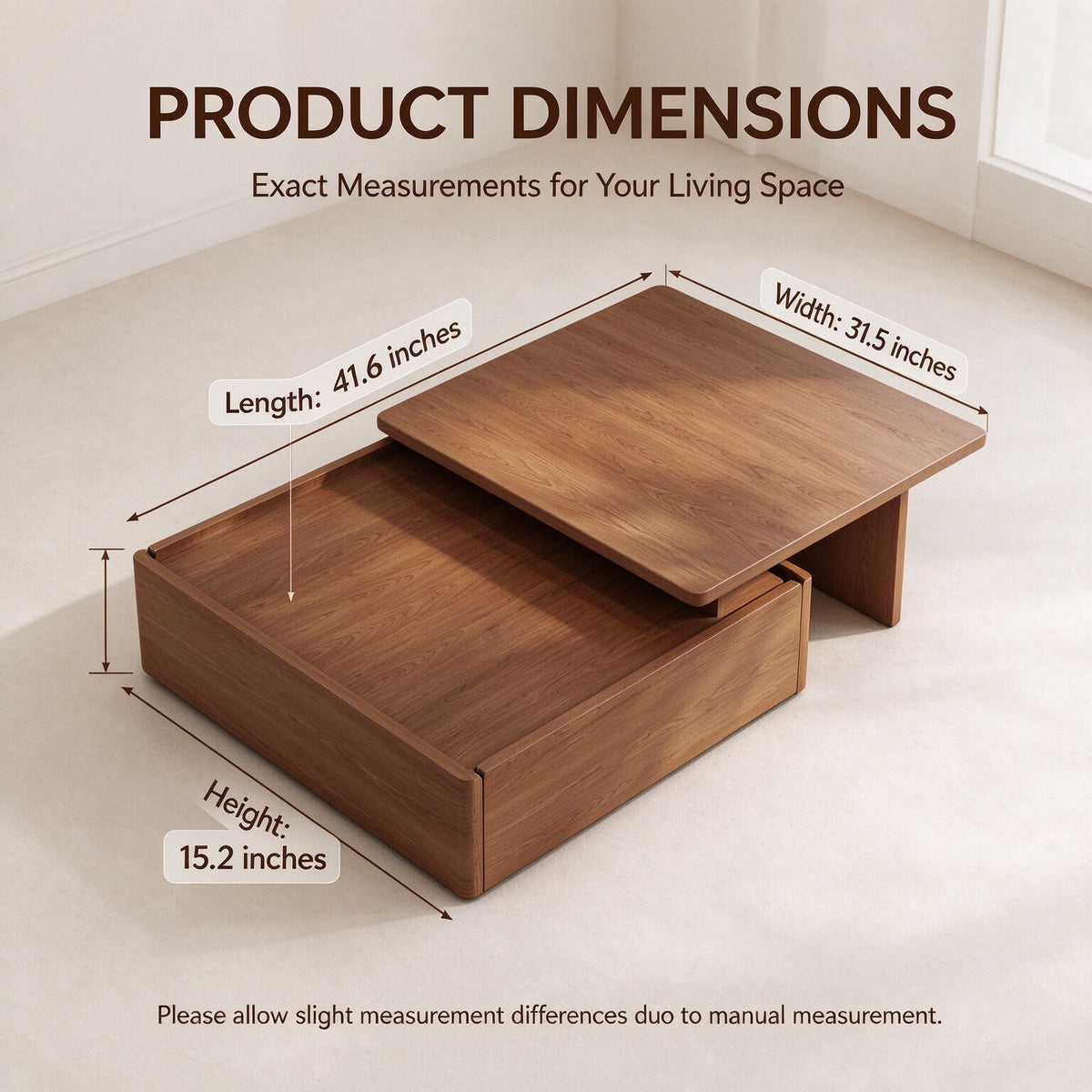 Luxury Walnut Wood Square Coffee Table with Large Hidden Storage, Expandable Tabletop Center Table for Living Room, Modern Accent Table with Drawers (59" Walnut Coffee Table)