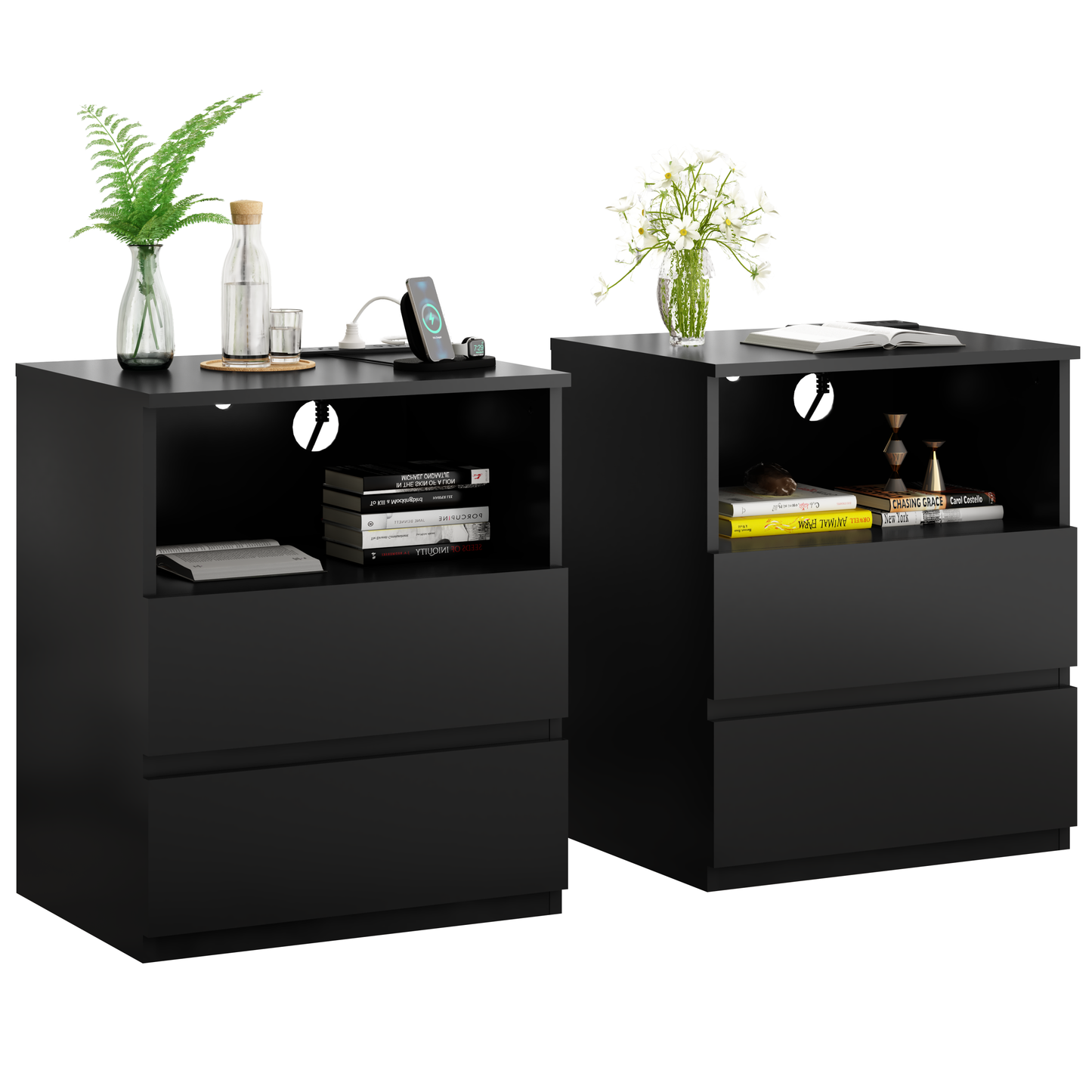 (Set of 2)End Table with Fast USB C Charging Station, Sofa Side Table with 2 Drawers, Large Storage Modern Wood Storage Cabinet for Living Room,Bedroom,Office, Black