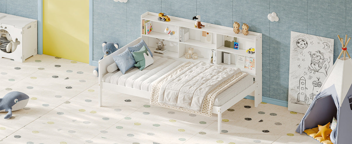 Twin Size Solid Wood Single Bed with Large Multi-compartment Storage Headboard Bookshelf, Simple Solid Wood Bed Frame, Multi-functional Storage Bed for Bedroom,White