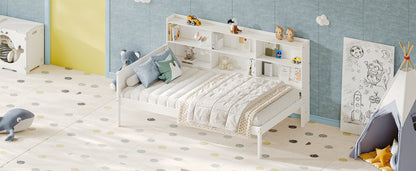 Twin Size Solid Wood Single Bed with Large Multi-compartment Storage Headboard Bookshelf, Simple Solid Wood Bed Frame, Multi-functional Storage Bed for Bedroom,White