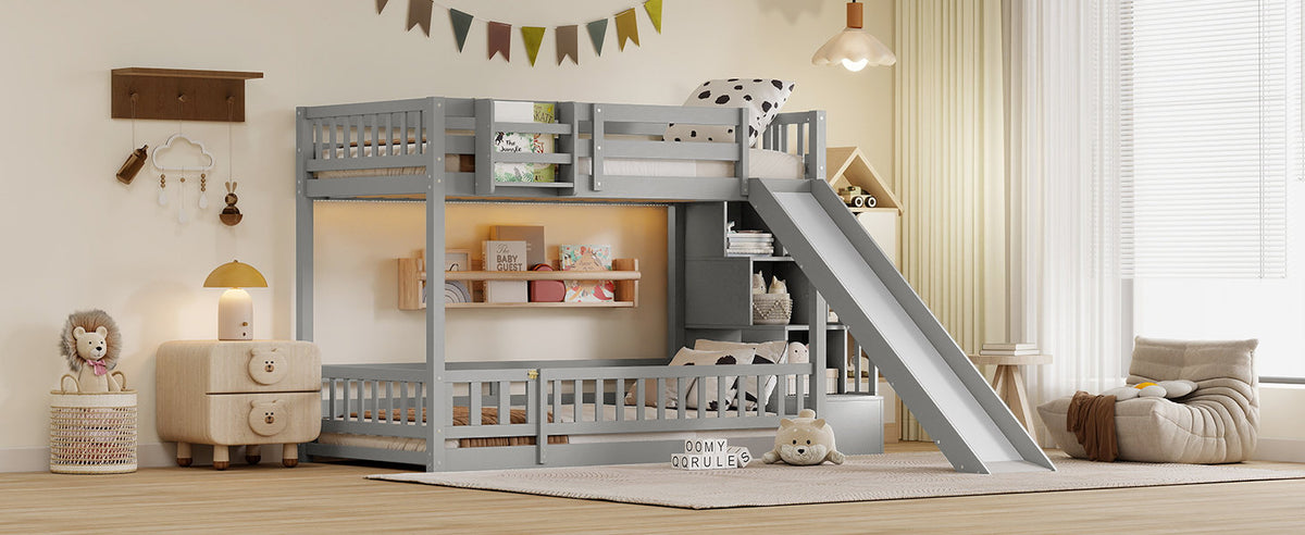 Twin Over twin Bunk Bed with Slide, Storage Staircase, Bedside Storage Rack,LED lights,Pine Solid Wooden Bunk Bed with Safety Guardrails ,Grey