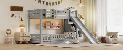 Twin Over twin Bunk Bed with Slide, Storage Staircase, Bedside Storage Rack,LED lights,Pine Solid Wooden Bunk Bed with Safety Guardrails ,Grey