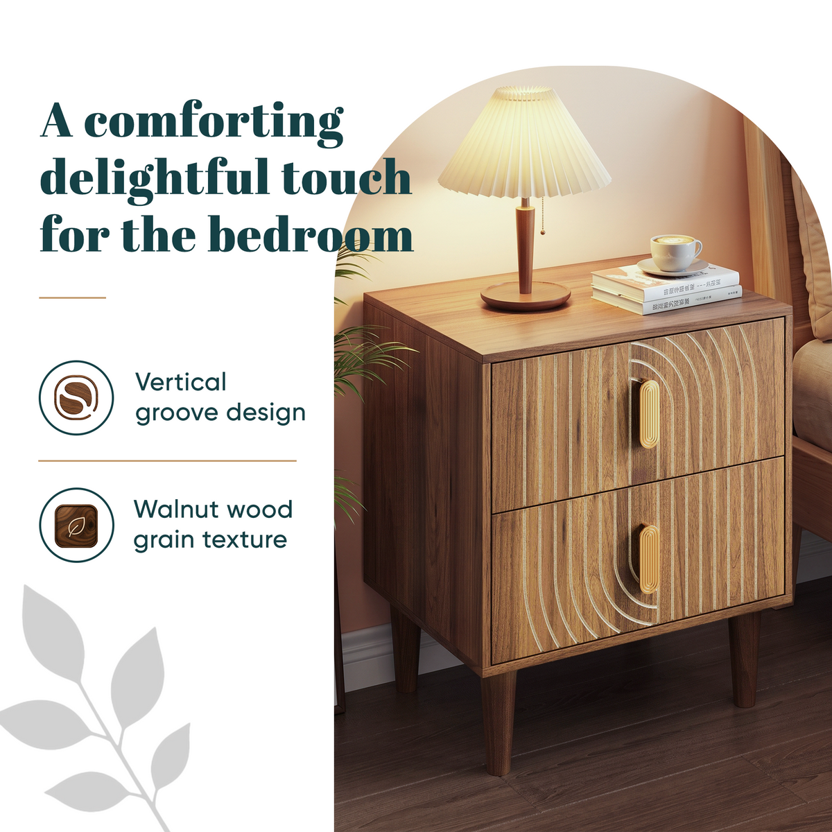 Medieval-style modern bedside table with double drawers for storage and solid wood legs; bedroom side table, bedside storage cabinet, compact bedside table, walnut color.