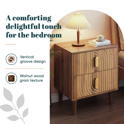Medieval-style modern bedside table with double drawers for storage and solid wood legs; bedroom side table, bedside storage cabinet, compact bedside table, walnut color.