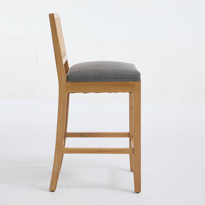 Full Solid Wood Rattan-Back Bar Stool, Matte Linen Cushion with High-Resilience Foam & S-Springs