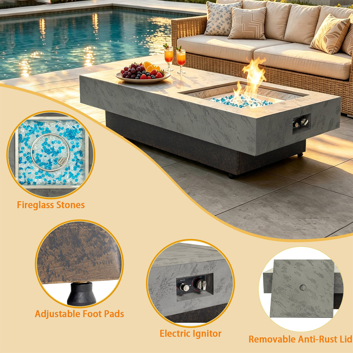 Rectangle Propane Fire Pit Table, Modern 2‑in‑1 Outdoor Firepit Table with 3‑Level Adjustable Height for Patio Backyard Gathering