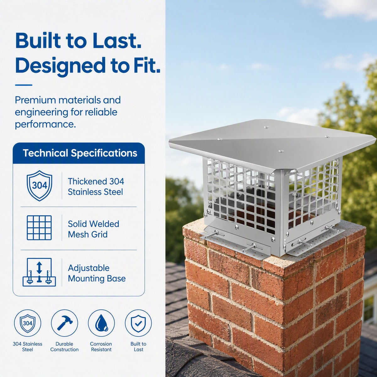 Stainless Steel Adjustable Chimney Cap for Home Fireplaces and Smoke Exhaust Systems, Silver, Thickened Stainless Steel, 15.75 x 15.75 x 9.84 inches