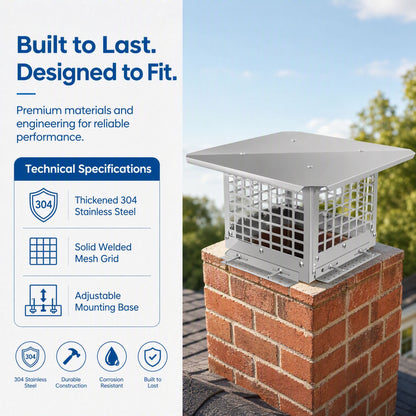 Stainless Steel Adjustable Chimney Cap for Home Fireplaces and Smoke Exhaust Systems, Silver, Thickened Stainless Steel, 15.75 x 15.75 x 9.84 inches