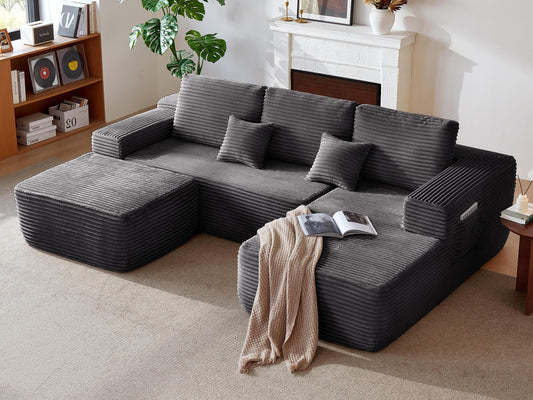 104' Cloud Sectional Sofa with U-Shape Chaise and Side Pockets , Modern Modular Design, Deep Seating, Upholstered Couch for Living Room/Bedroom, No Assembly Required (Plush Fabric), Grey,Right