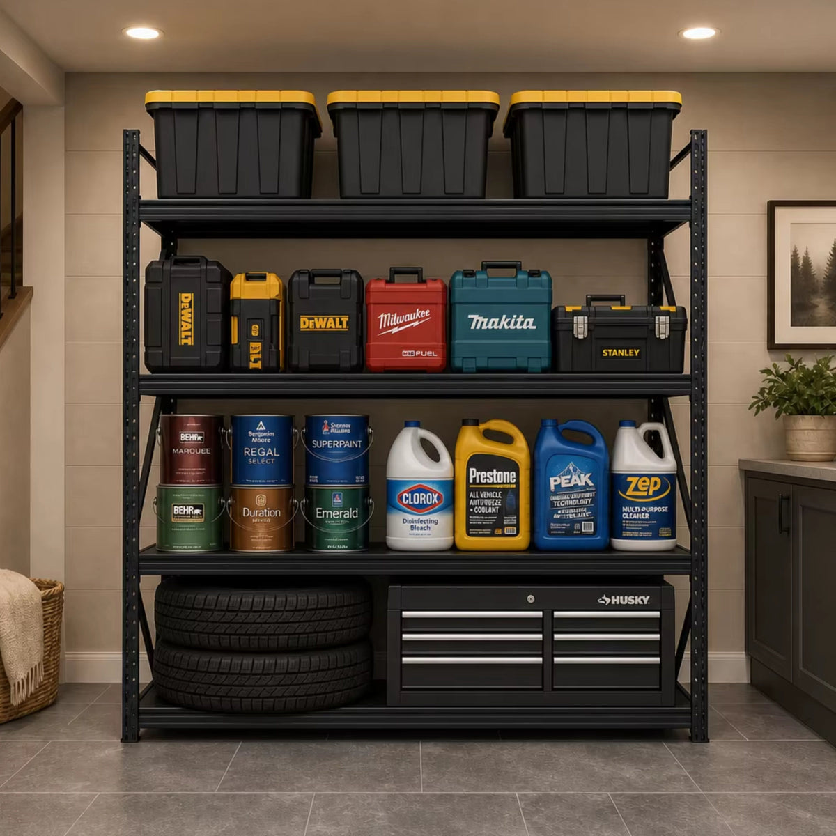 4-Tier Heavy Duty Storage Shelves, 70.87"W x 23.62"D x 71.26"H Metal Shelving Unit, 6000 LBS Capacity Industrial Steel Utility Rack, Adjustable Garage Shelving for Basement, Warehouse - Black