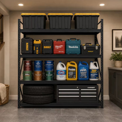 4-Tier Heavy Duty Storage Shelves, 70.87"W x 23.62"D x 71.26"H Metal Shelving Unit, 6000 LBS Capacity Industrial Steel Utility Rack, Adjustable Garage Shelving for Basement, Warehouse - Black