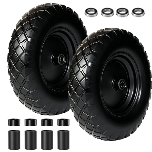 4.80/4.00-8 Flat-Free Solid Wheelbarrow Tire and Wheel, 16" Solid Tire with 5/8" & 3/4" Bearings, 3" Hub for Hand Truck, Garden Cart, Trailer, Trolley, Wagon (Set of 2)