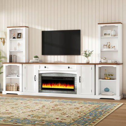 [Video Provided] 3-Piece Entertainment Center with Mantel - Electric Fireplace Heater for TVs Up to 70', Walnut TV Stand Set with Storage, Farmhouse TV Cabinet with Bookshelves for Living Room, White