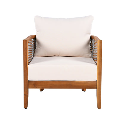 Outdoor Unique Tub Design Armchair with Woven Rope, Patio Furniture Acacia Wood Chair,  Deep Seating with Soft Cushions for Porch, Garden, Backyard, Balcony, Teak Finish & Beige Cushion