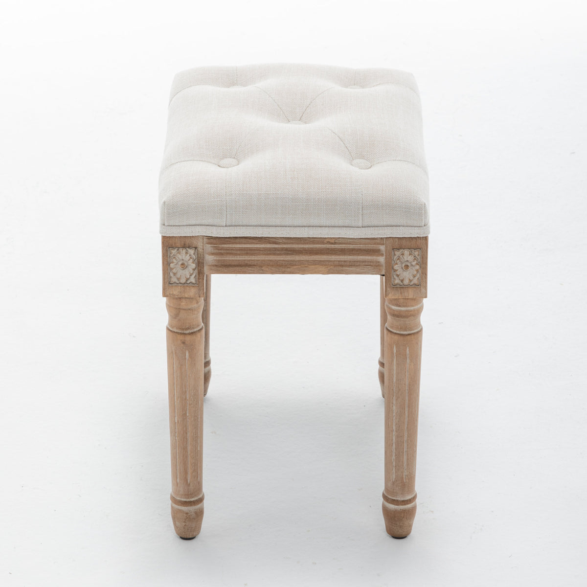Tufted Vanity Stool with Linen Upholstery & Carved Solid Wood Legs, Dressing Bench for Bedroom, Beige