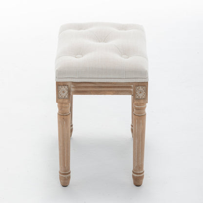 Tufted Vanity Stool with Linen Upholstery & Carved Solid Wood Legs, Dressing Bench for Bedroom, Beige