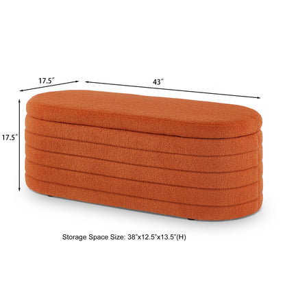 Modern Oval Storage Ottoman Bench, Upholstered Boucle Teddy Fabric End of Bed Bench with Storage, End of Bed Stool with Safety Hinge, Orange