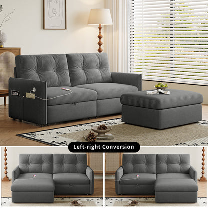 Sleeper Sofa, 69.7' Pull-Out Bed Storage Sectional, Convertible 2-in-1 Sofa Bed with Ottoman, Cozy Multi-Functional Futon for Small Spaces, Corduroy Fabric, Ideal for Living Room & Bedroom
