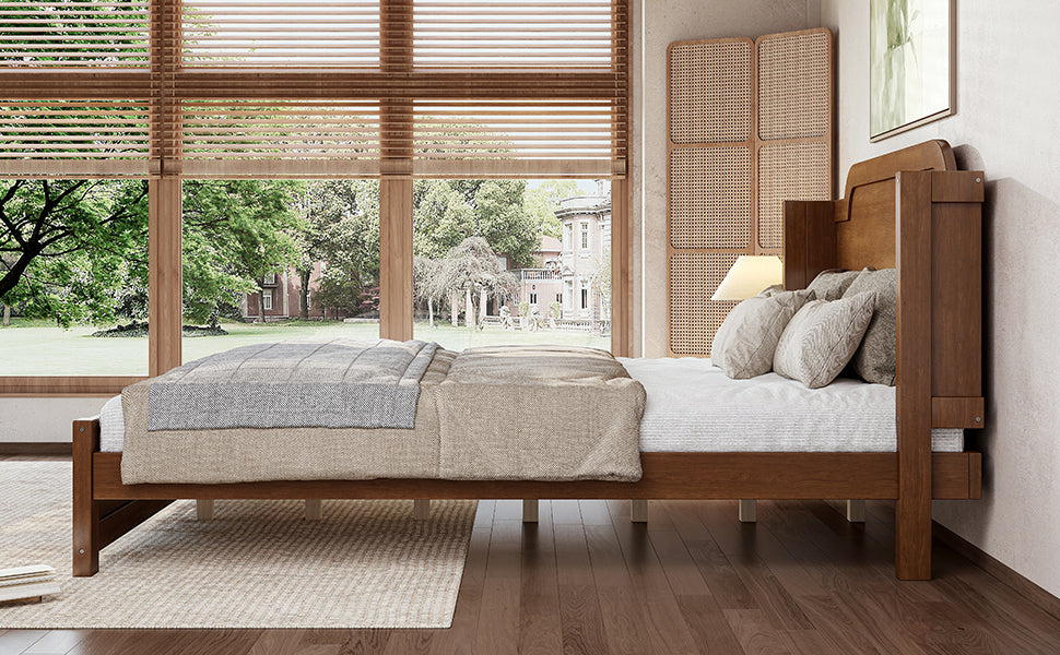 Queen Solid Wood Platform Bed with Headboard Brown Finish & Minimalist Design, Easy Assembly, No Box Spring Needed Traditional Wood Bed Frame.Brown