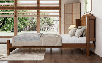 Queen Solid Wood Platform Bed with Headboard Brown Finish & Minimalist Design, Easy Assembly, No Box Spring Needed Traditional Wood Bed Frame.Brown